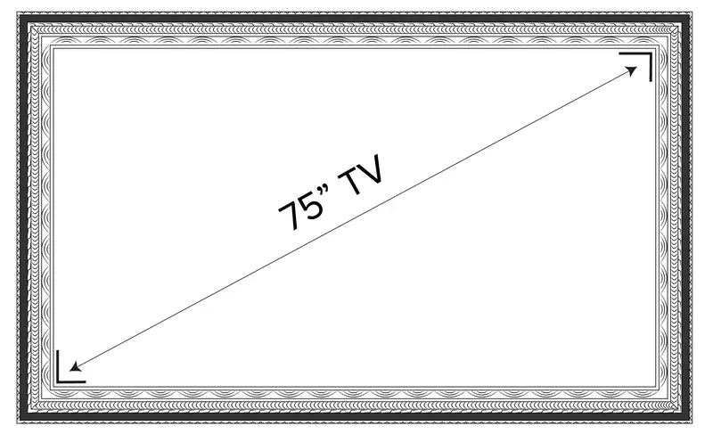 Esquema de un TV espejo de 75 pulgadas con un diseño de marco distintivo.