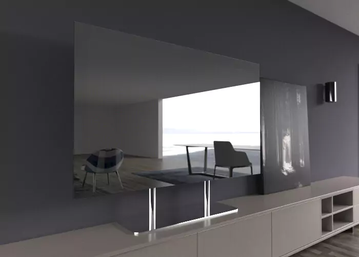 TV espejo sin marco montado sobre un escritorio en un salón elegante.