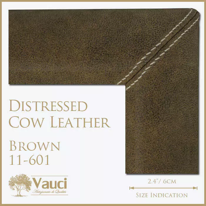 Distressed cow leather brown vauci frame with its size indication on a white background.