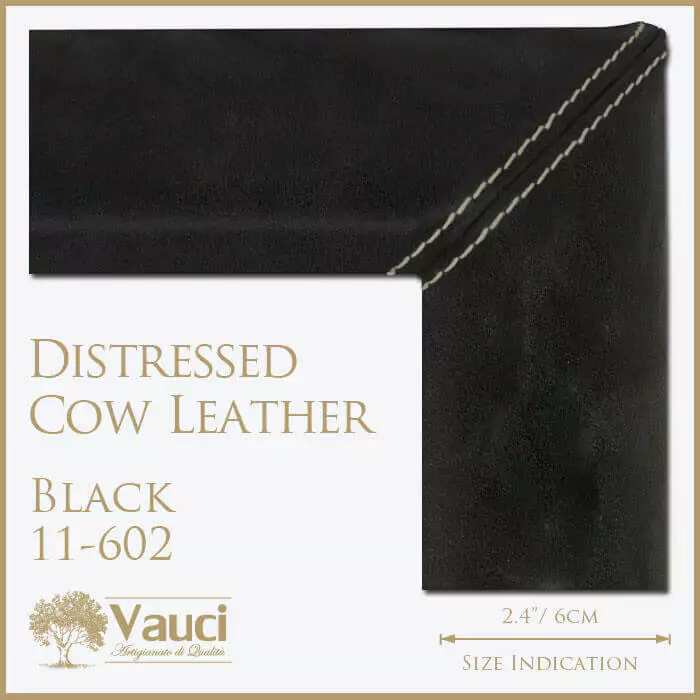 Distressed cow leather black vauci frame with its size indication on a white background.
