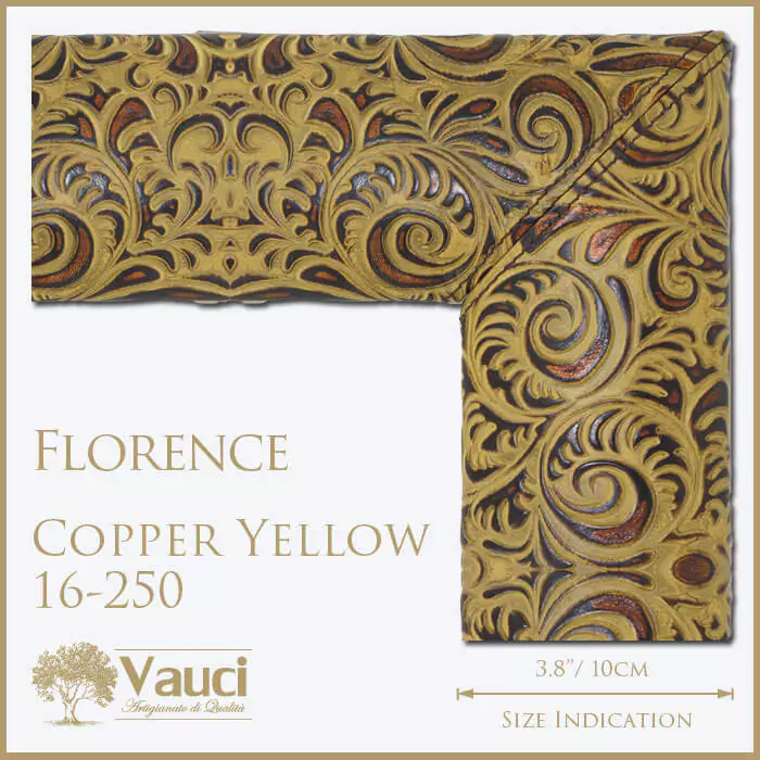 Florence copper yellow vauci frame with its size indication on a white background.