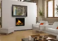 Ícono de una sala de estar acogedora con un TV espejo único en un marco colocado en una pared blanca.