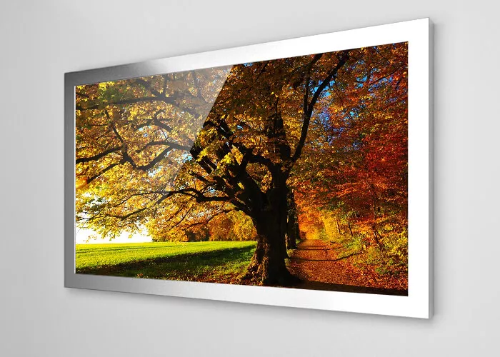 Un TV espejo con marco de acero inoxidable en una pared muestra un majestuoso árbol de roble al atardecer de otoño.