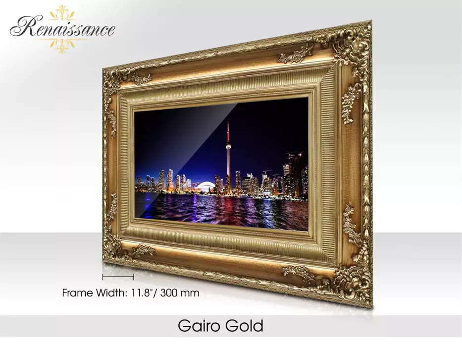 Gairo gold Renaissance-framed for android mirror TV in a white surface.