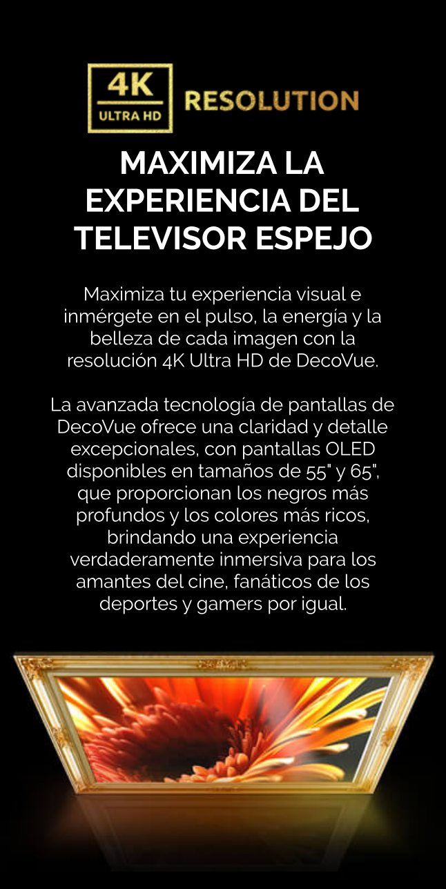 Un TV espejo con marco dorado mostrando una flor radiante.