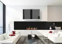 Ícono de un TV espejo con marco colocado en una pared blanca sobre una chimenea de vapor de agua 3D en una sala de estar.