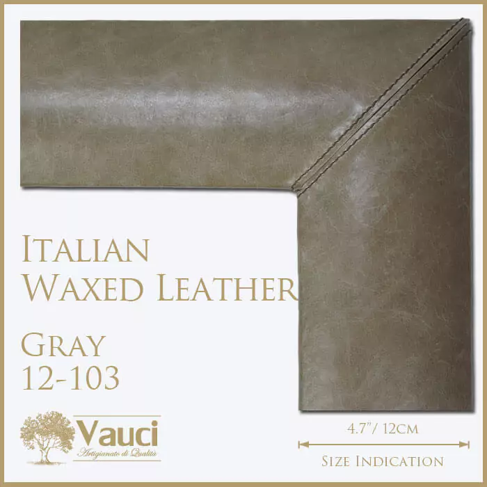Italian waxed leather gray vauci frame with its size indication on a white background.