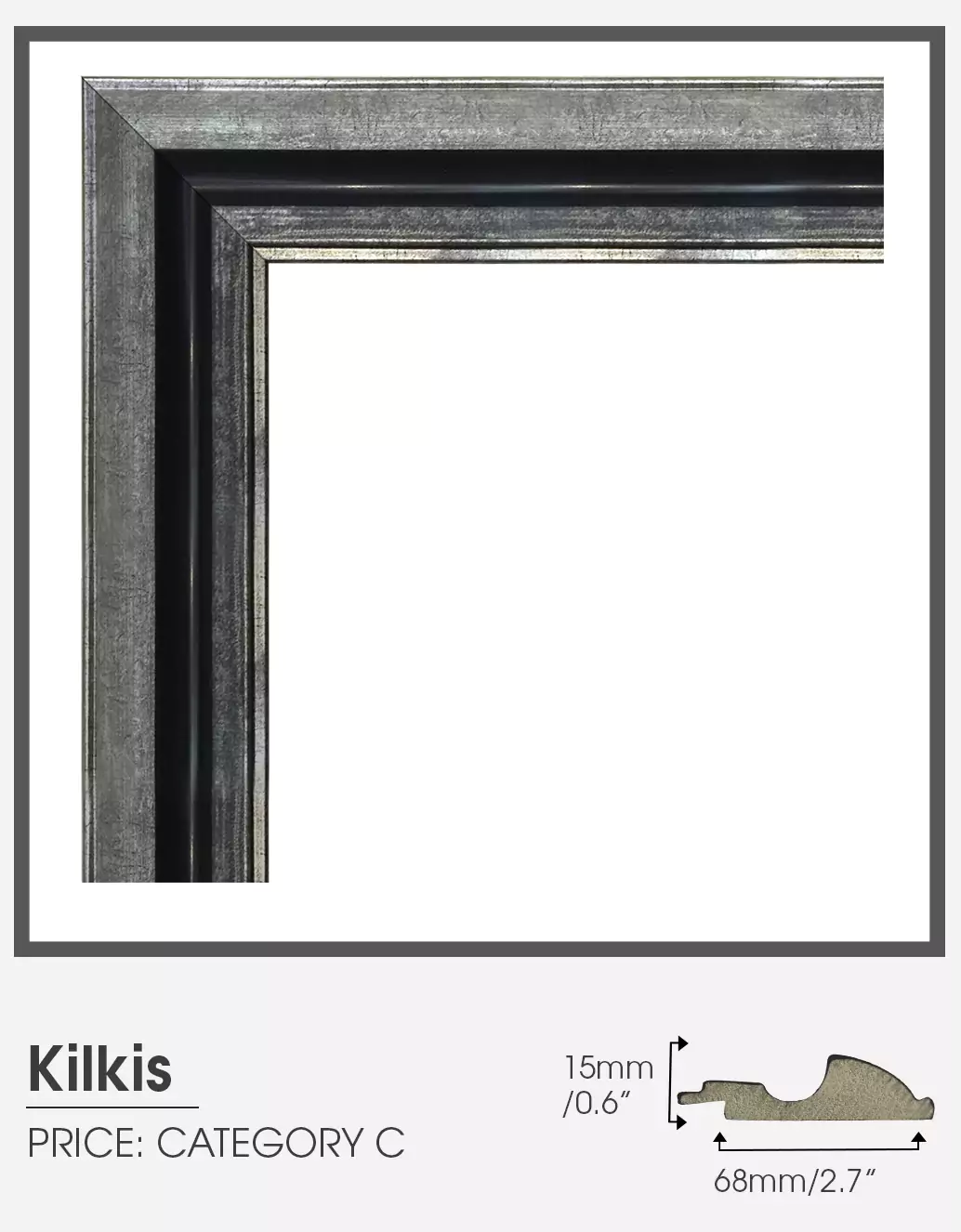 Kilkis silver frame Category C for smart mirror TV in a plain-walled room.