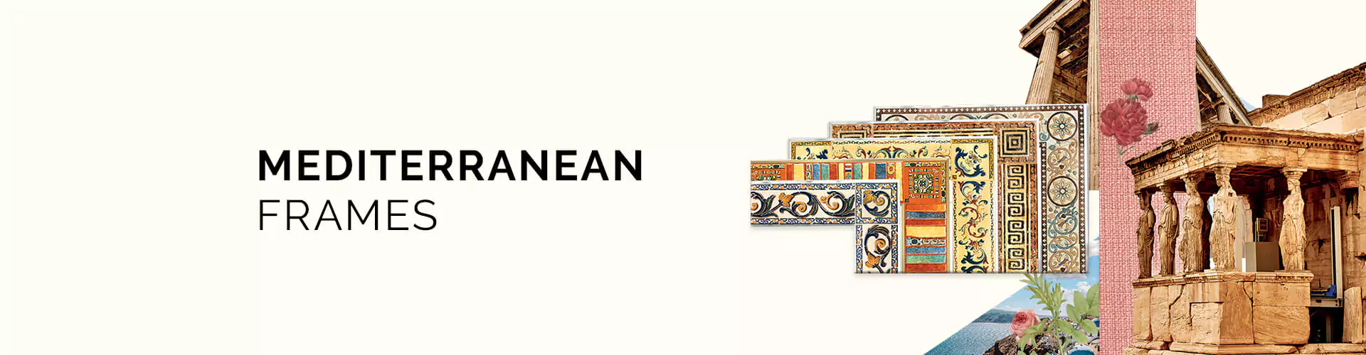 El banner mediterráneo muestra marcos ornamentados y coloridos, perfectos para realzar televisores espejo o enmarcados.