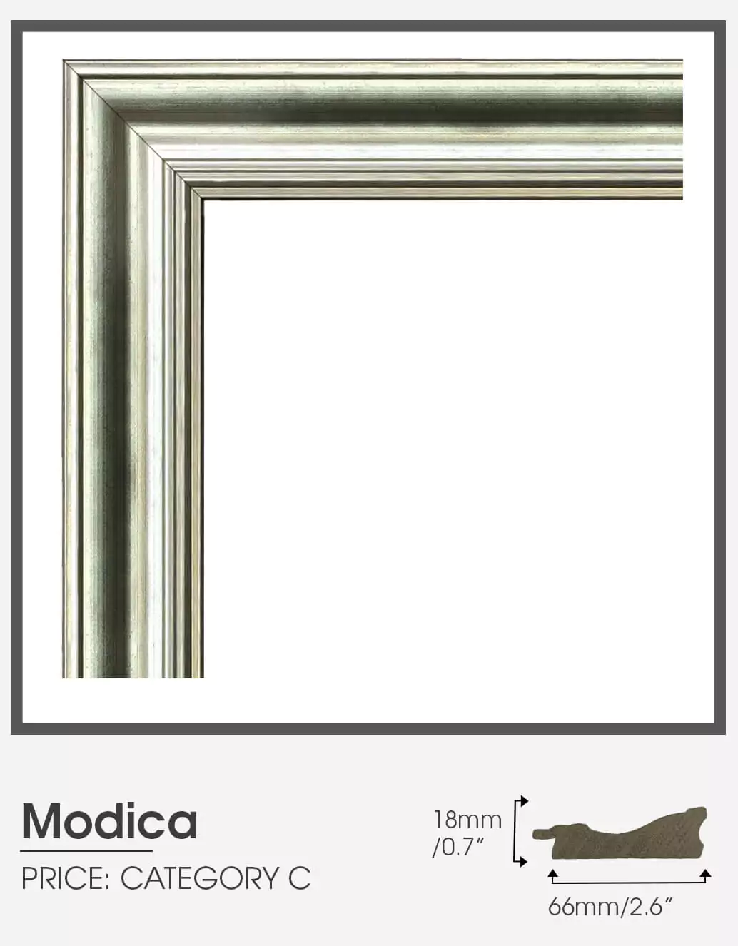 Modica silver frame Category C for smart mirror TV in a clean-walled room.