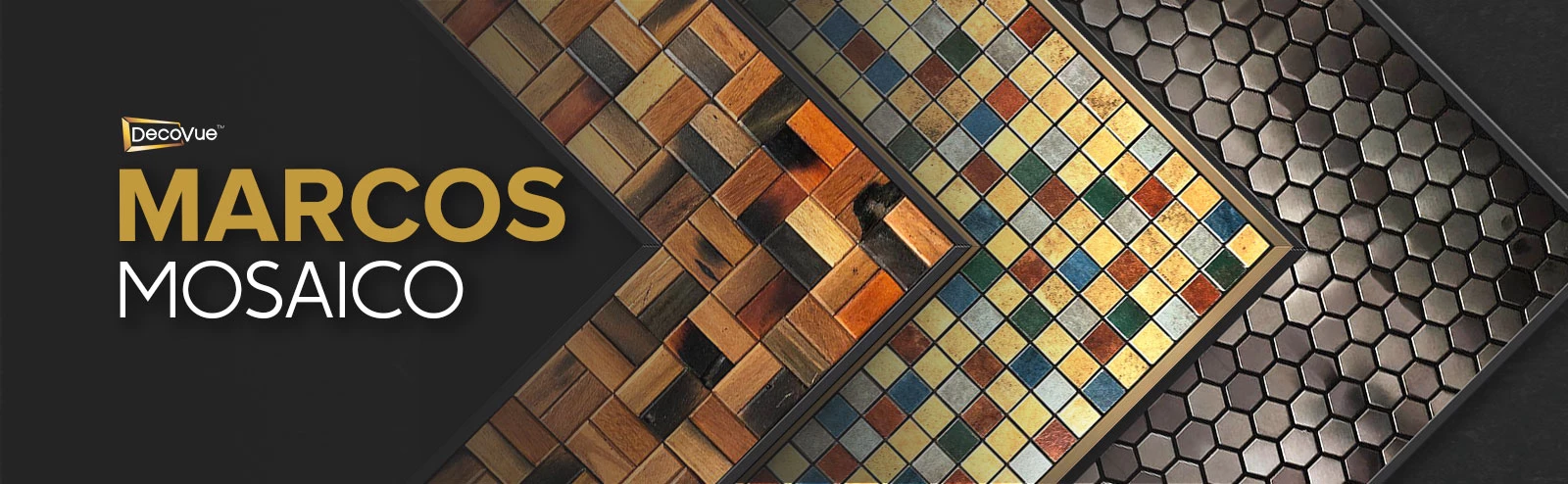 Tres estilos diferentes de marcos mosaicos sobre una superficie negra.