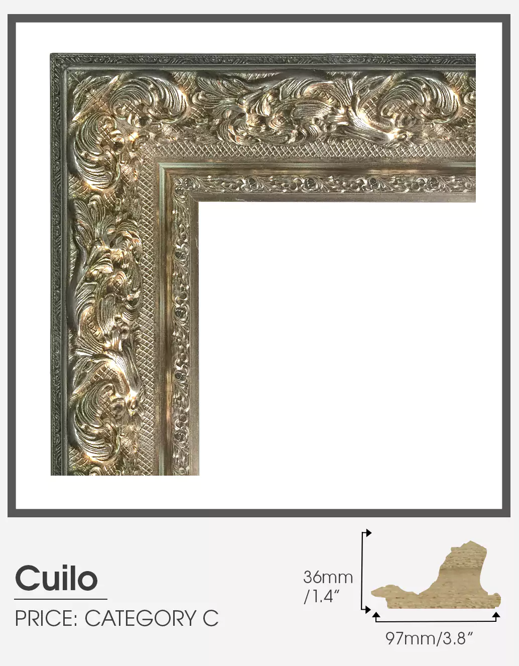 Cuilo silver frame Category C for smart mirror TV in a white-walled area.