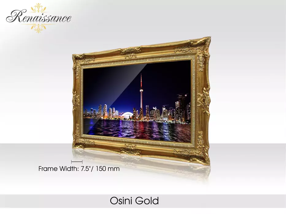 Osini gold Renaissance-framed for android mirror TV in a plain area.