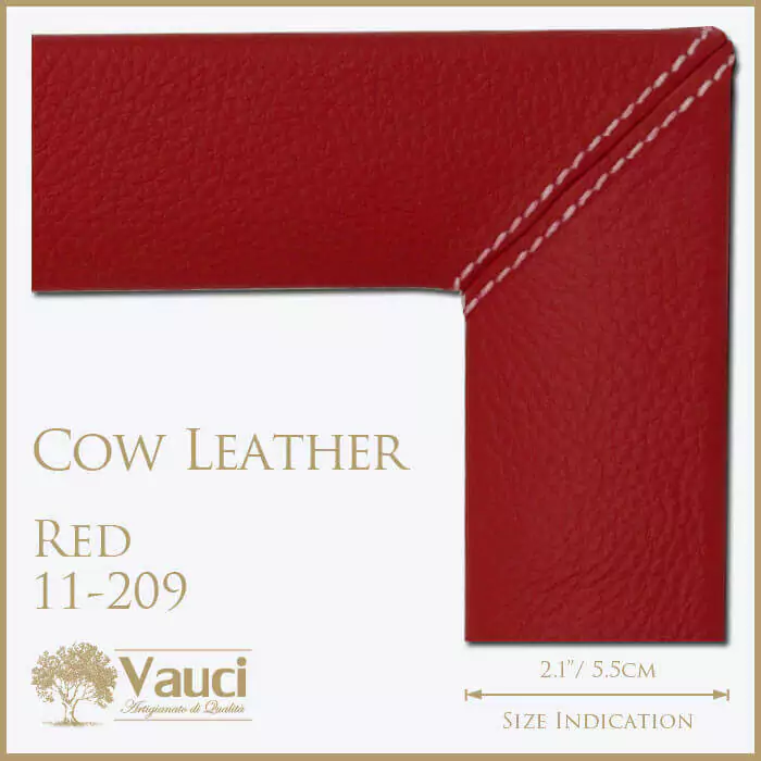 Cow leather red vauci frame with its size indication on a white background.