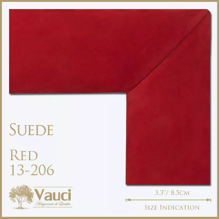 Suede red vauci frame with its size indication on a white background.