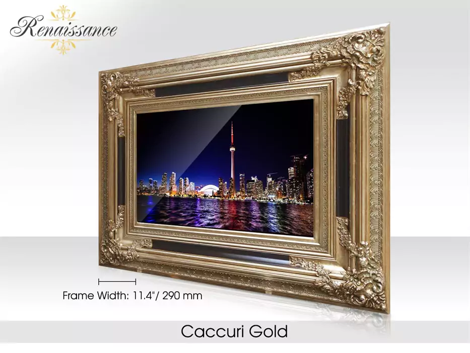 Caccuri gold Renaissance-framed for smart mirror TV in a plain area.