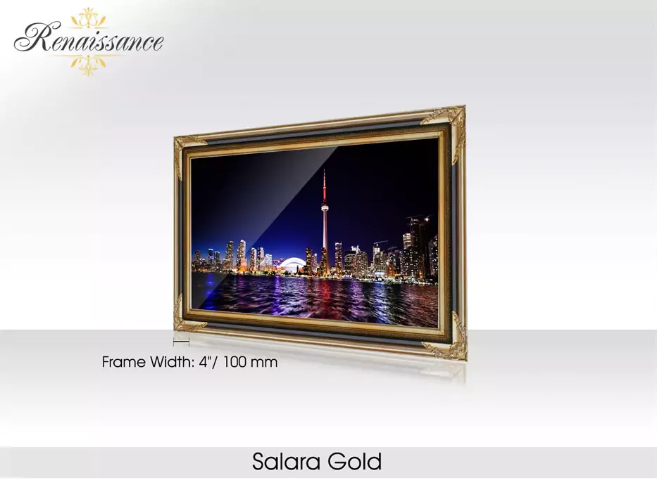 Salara gold Renaissance-framed for smart mirror TV in a plain background.