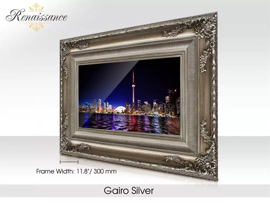 Gairo silver Renaissance-framed for smart mirror TV in a white surface.