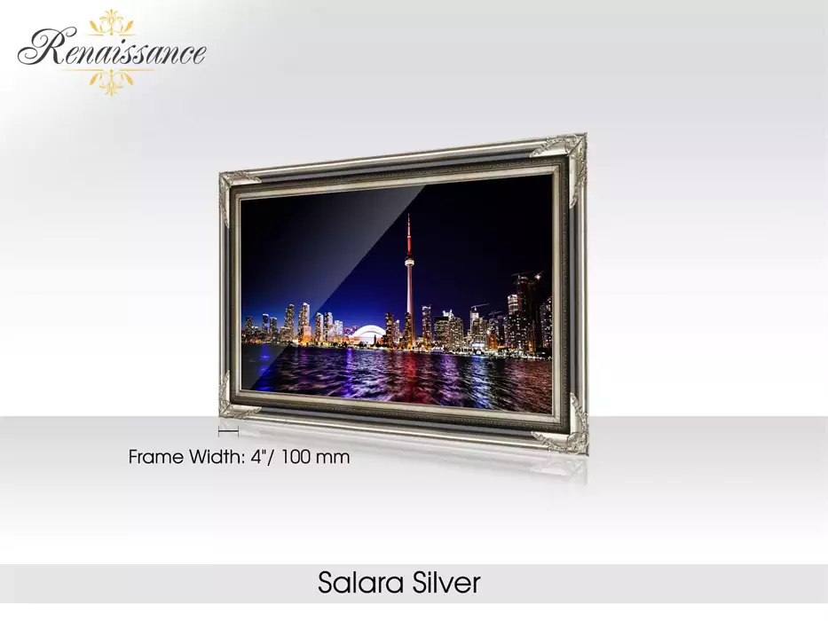 Salara silver Renaissance-framed for smart mirror TV on a white surface.