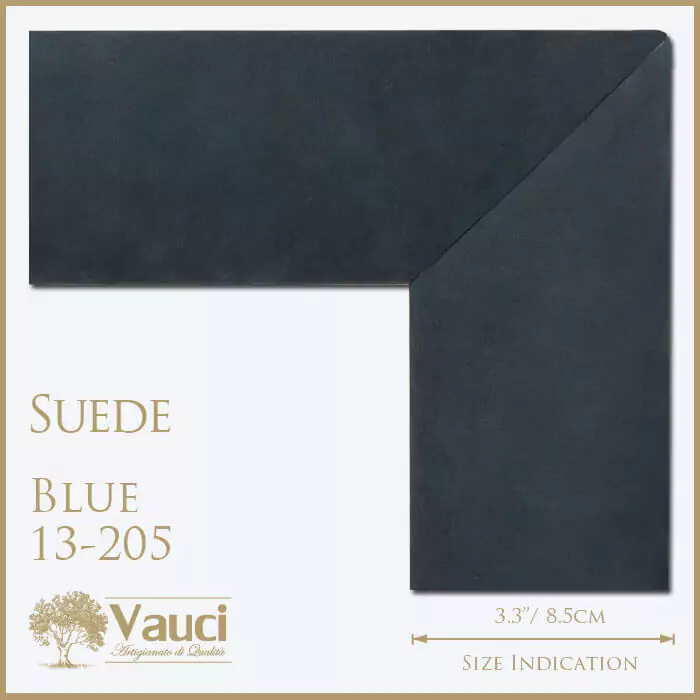Suede blue vauci frame with its size indication on a white background.