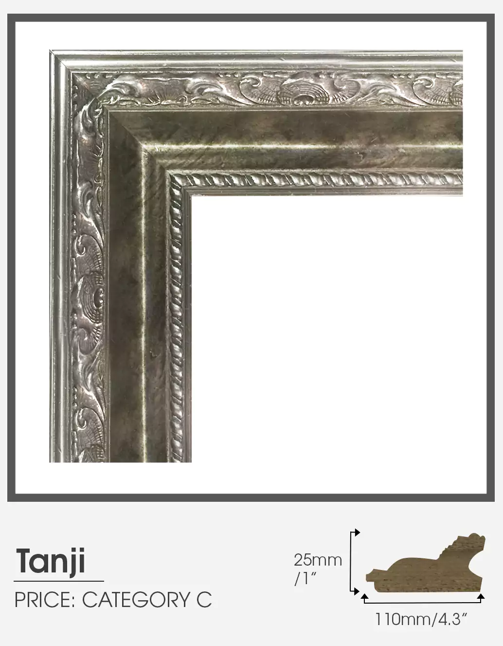 Tanji silver frame Category C for smart mirror TV in a white-walled space.