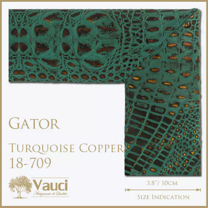 Gator turquoise copper vauci frame with its size indication on a white background.