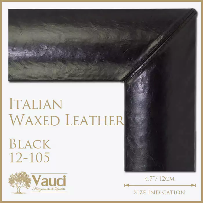 Italian waxed leather black vauci frame with its size indication on a white background.