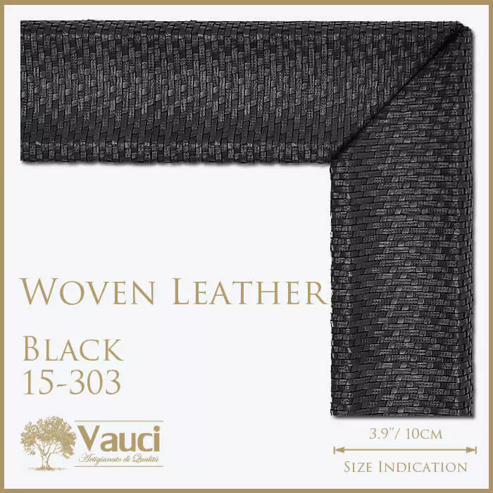 Woven leather black 15-303 vauci frame with its size indication on a white background.