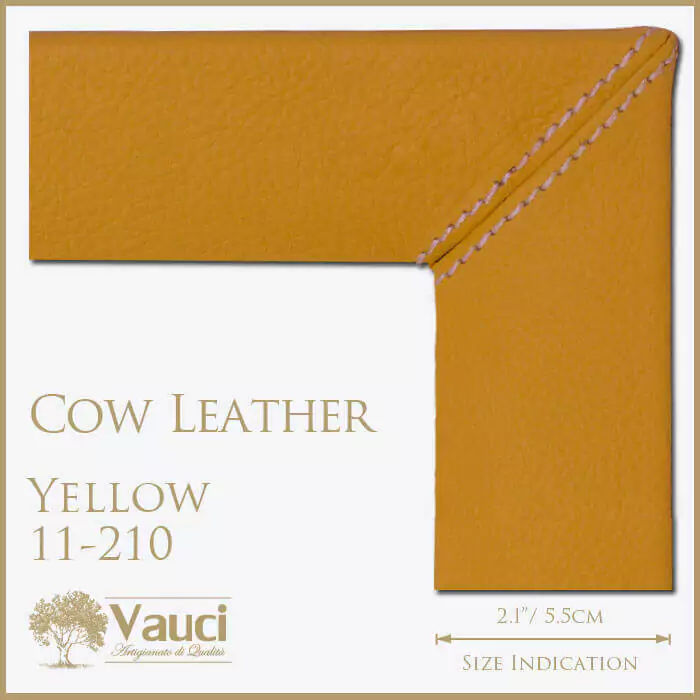Cow leather yellow vauci frame with its size indication on a white background.