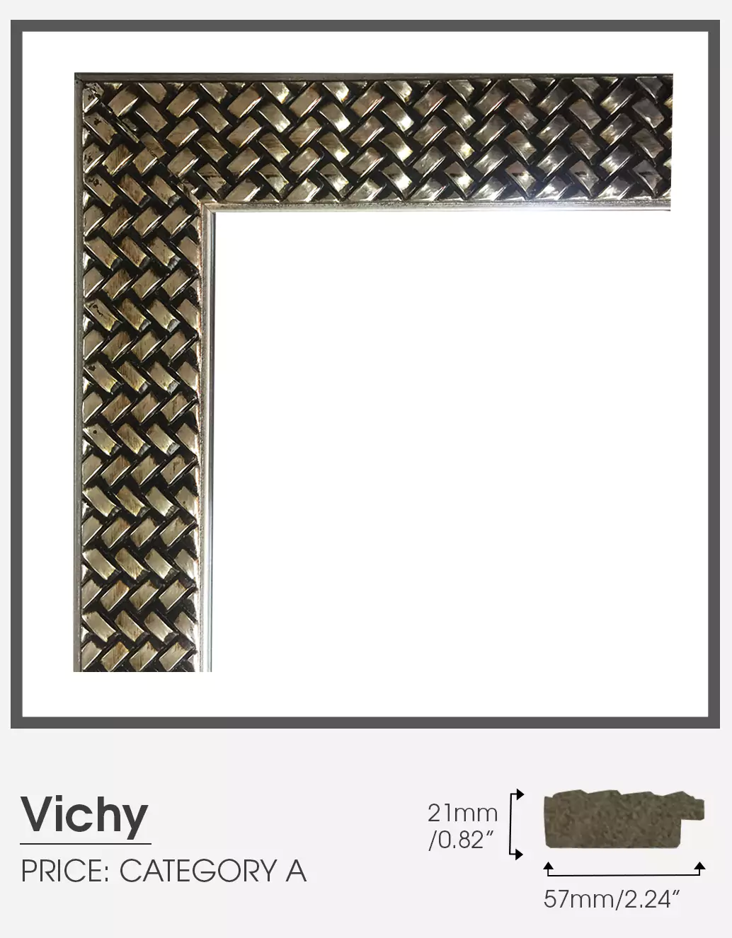 Vichy silver frame Category A for smart mirror TV in a white-walled place.
