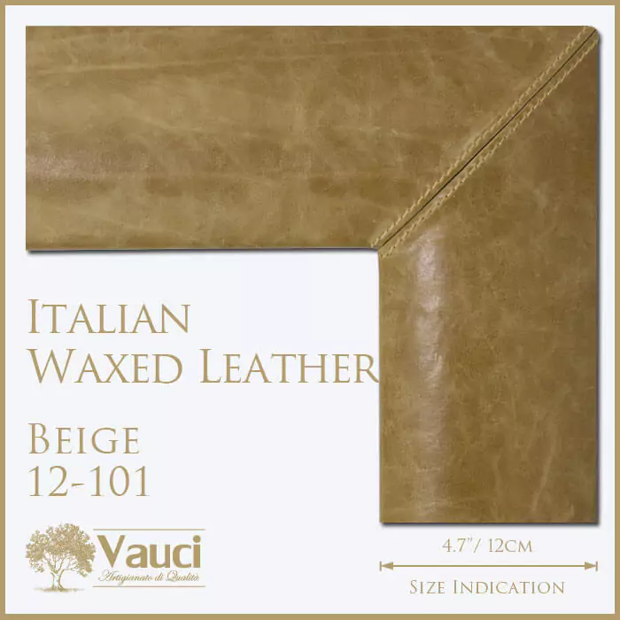 Italian waxed leather beige vauci frame with its size indication on a white background.