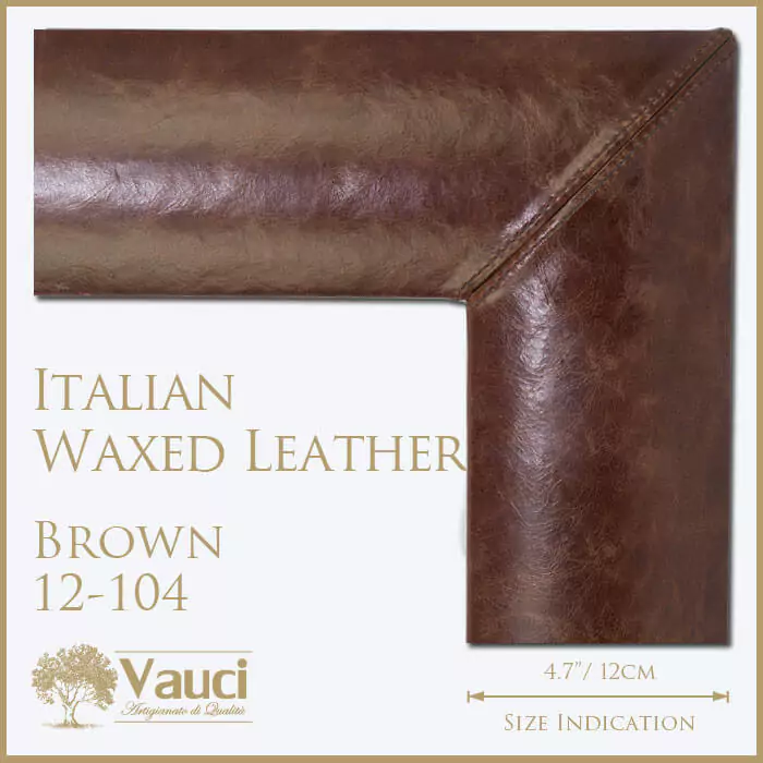 Italian waxed leather brown vauci frame with its size indication on a white background.