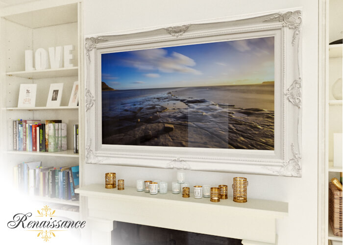 A smart tv with sophisticated white frame hanged on a wall.