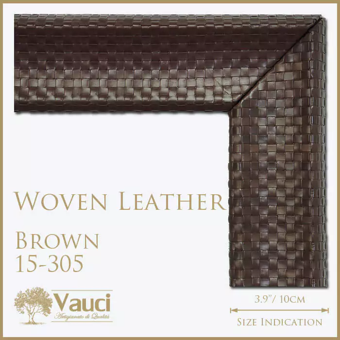 Woven leather brown 15-305 vauci frame with its size indication on a white background.