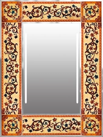 A LED-lighted mirror with a calvi frame design.