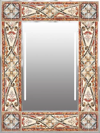 A LED-lighted mirror with a mallorca frame design.