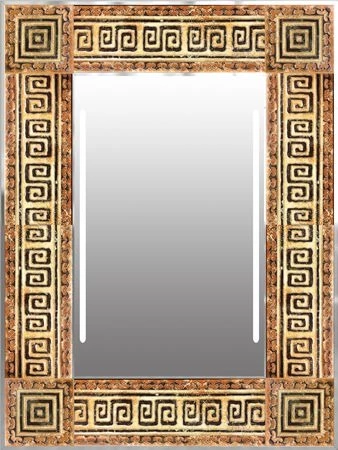 A LED-lighted mirror with a pescara frame design.