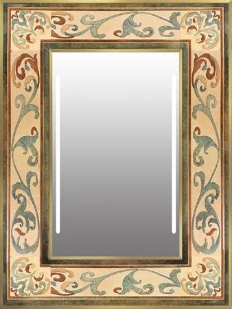 A LED-lighted mirror with a qala frame design.