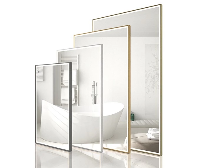 Four rectangular lit mirrors in different sizes and colors reflecting on a white surface in Sharjah.