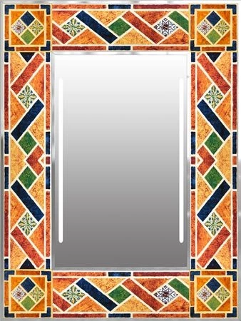 A LED-lighted mirror with a sassari frame design.