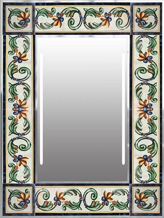 A LED-lighted mirror with a tarifa frame design.