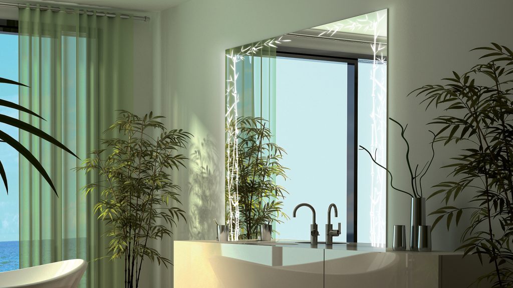 Nature Etch Single Lighted Mirror beside indoor plants in a relaxing bathroom
