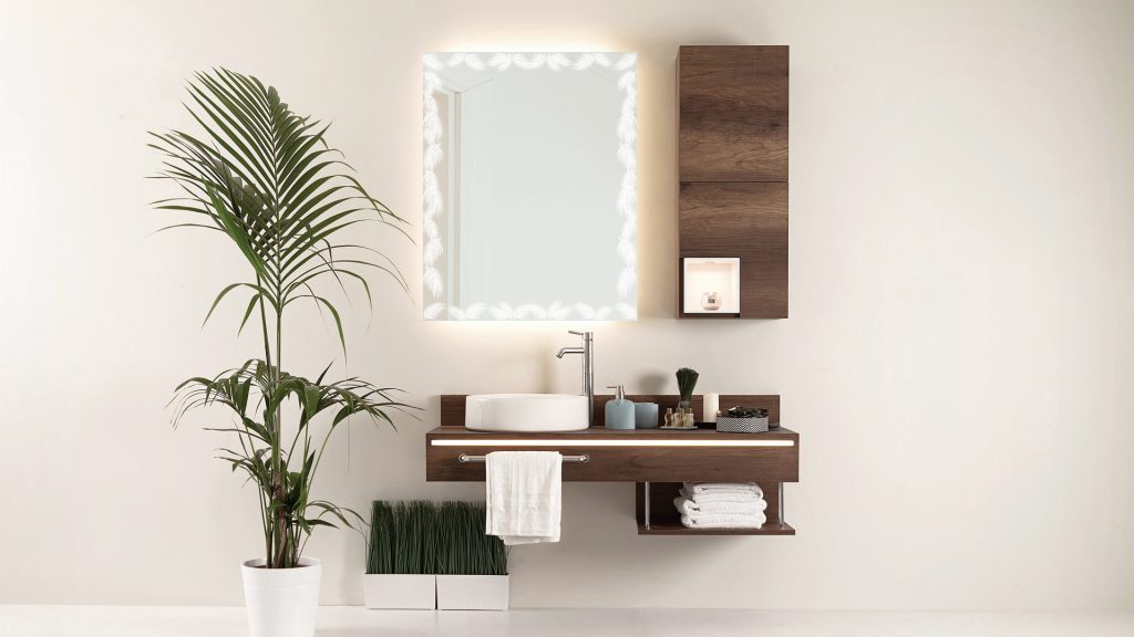 Etch Mirrors installed in a nature inspired bathroom vanity
