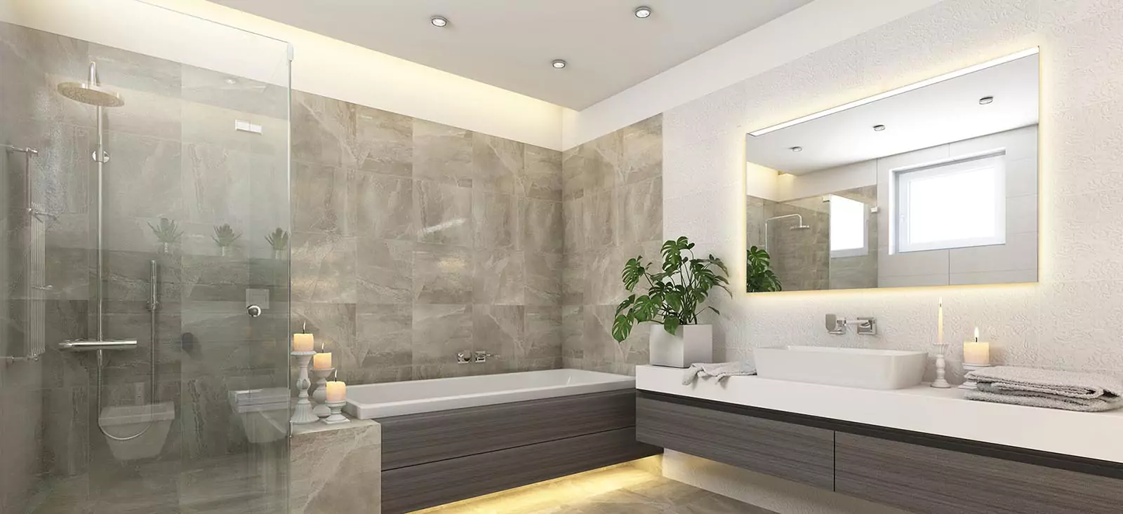A modern bathroom with a sink with frameless backlit mirrors hanging on the wall from Abu Dhabi.