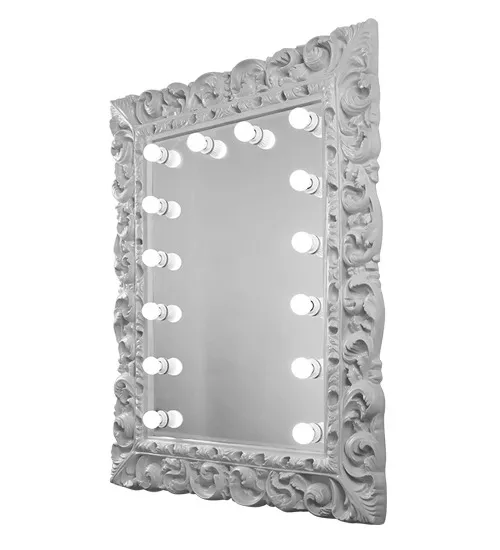 Abu Dhabi gray ornate framed mirror with multiple light bulbs installed around on white background.