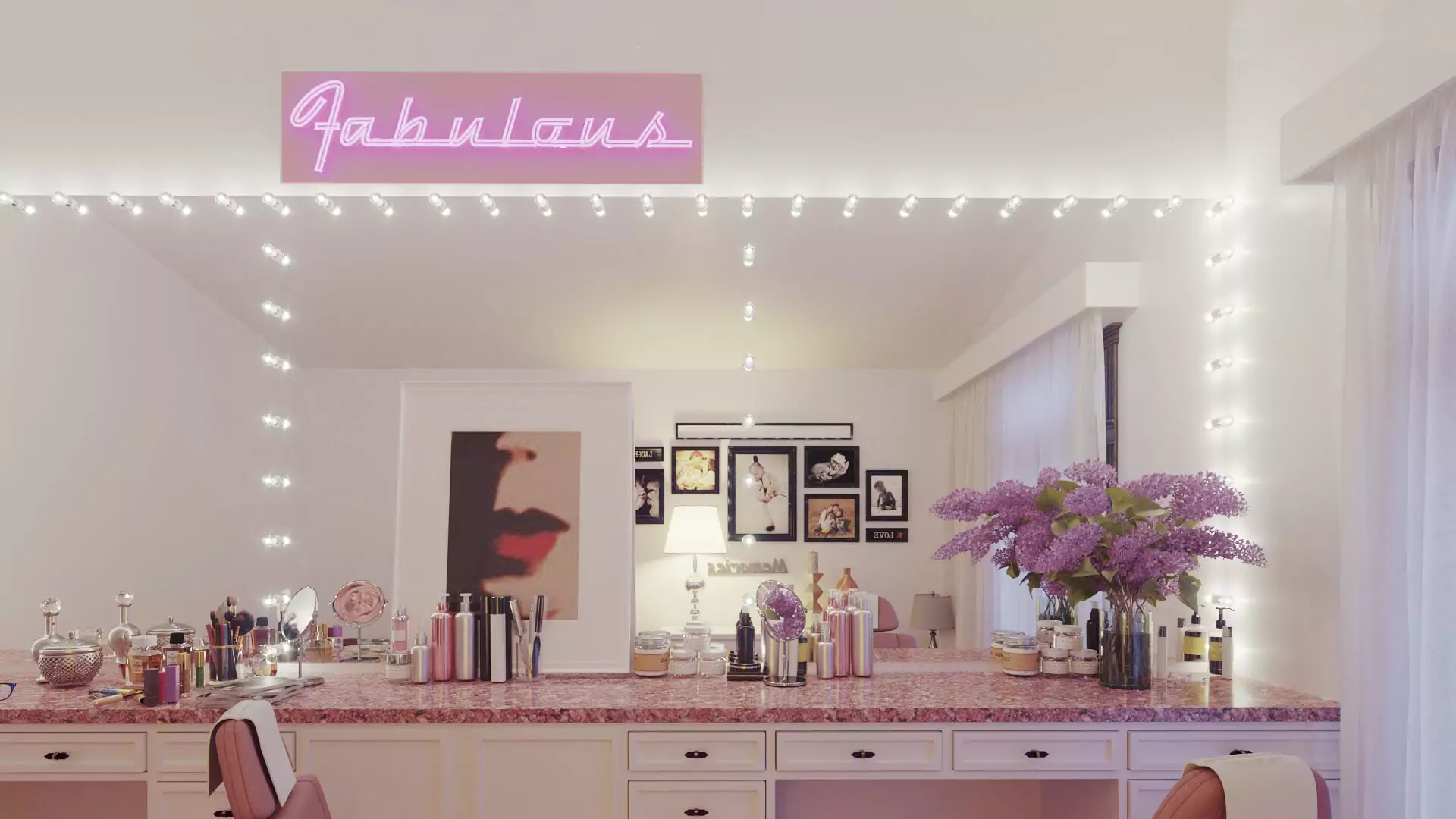 An amazing beauty parlor featuring makeup supplies and a lit mirror from Abu Dhabi.