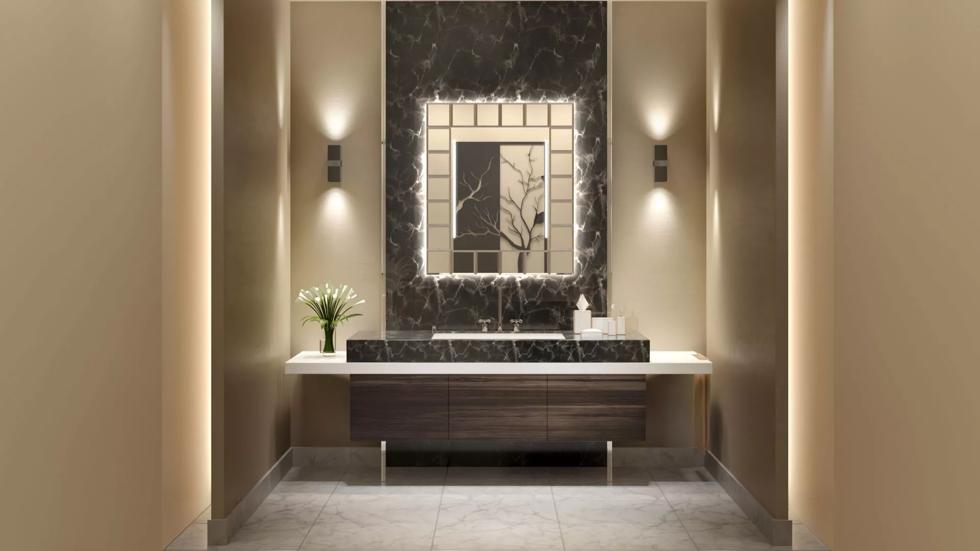 Clean sink and a best lighted mirror in a square frame modern bathroom from Abu Dhabi.