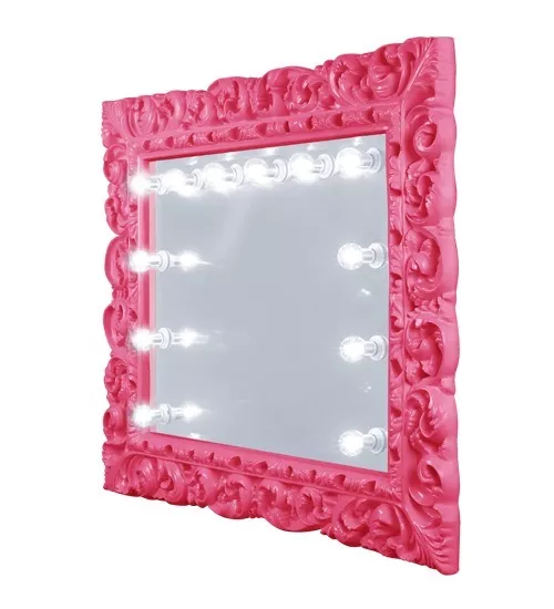Abu Dhabi pink baroque framed mirror with lighted bulbs around in landscape orientation.