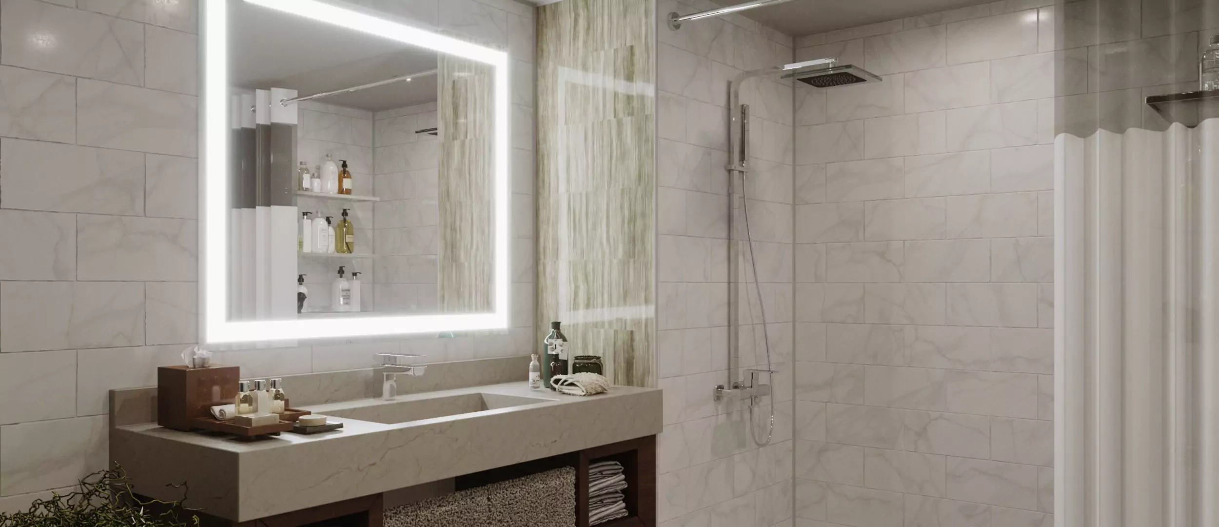 Wall-mounted extra thin luxury LED mirror over a single sink in a classy bathroom in Abu Dhabi.