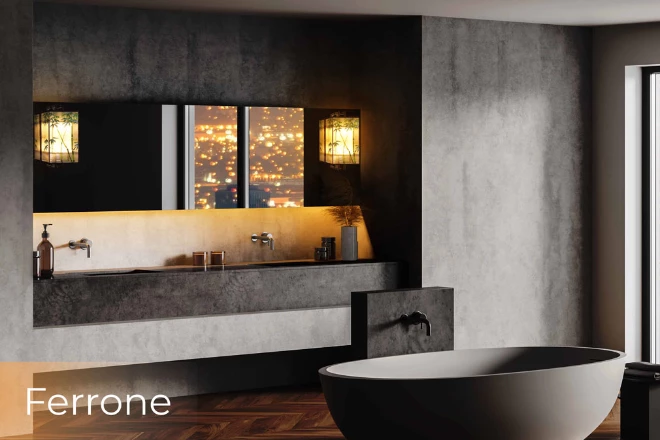 A black themed bathroom featuring a lighted vanity mirror and a ferrone lamp from Al Ain.